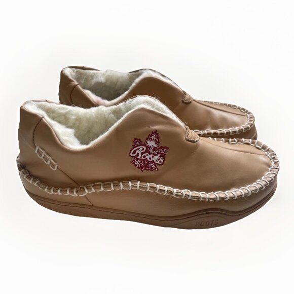 NIB ROOTS TAN LEATHER COMFORT SLIPPERS Cozy Faux Fur Lined Rubber Sole sz 8 - Picture 4 of 9